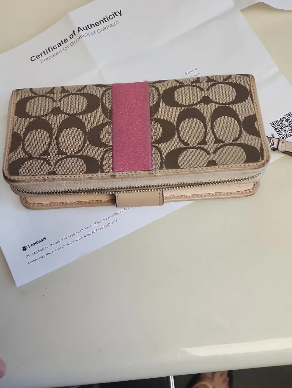 Coach Brown Signature Canvas Shoulder Bag with Pink Stripe and Matching Wallets